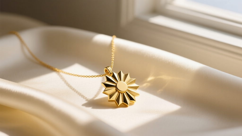 14k yellow gold sunburst pendant necklace resting on cream silk, illuminated by warm morning sunlight casting soft, gentle shadows.