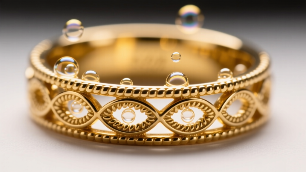 Macro view of cavitation bubbles forming on the milgrain detailing of a vintage 14k yellow gold band under bright studio lighting