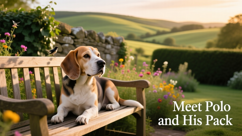 An older, gentle-looking beagle resting peacefully on a garden bench overlooking rolling hills, ears perked toward birdsong