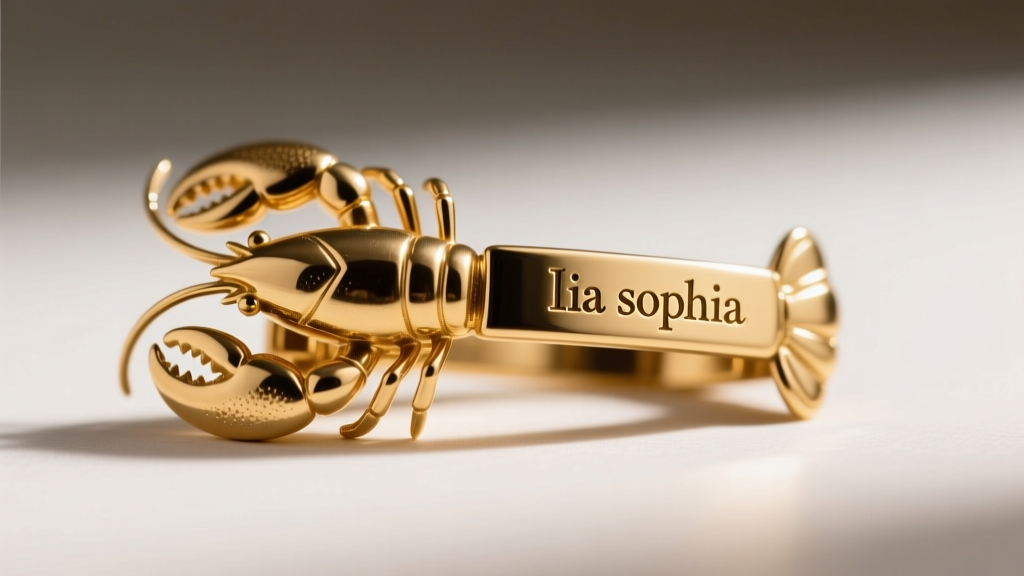 Macro close-up of a vintage Lia Sophia lobster clasp showing the lowercase brand hallmark stamped on the gold-plated extender.