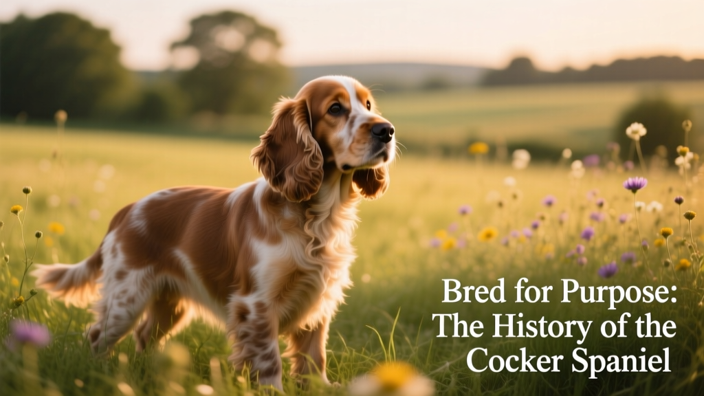 A well-groomed English Cocker Spaniel standing alert in a grassy field, ears gently folded
