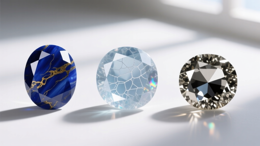 Three polished vintage lapis cabochons side-by-side showing Afghan royal blue, Chilean calcite webbing, and dense Russian pyrite.