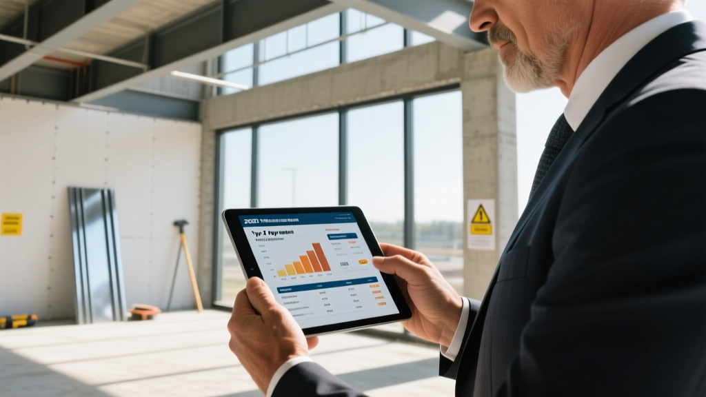 Architect reviewing 2026 cost estimates for fire resistant building materials including Type X drywall and intumescent steel coatings on a commercial site