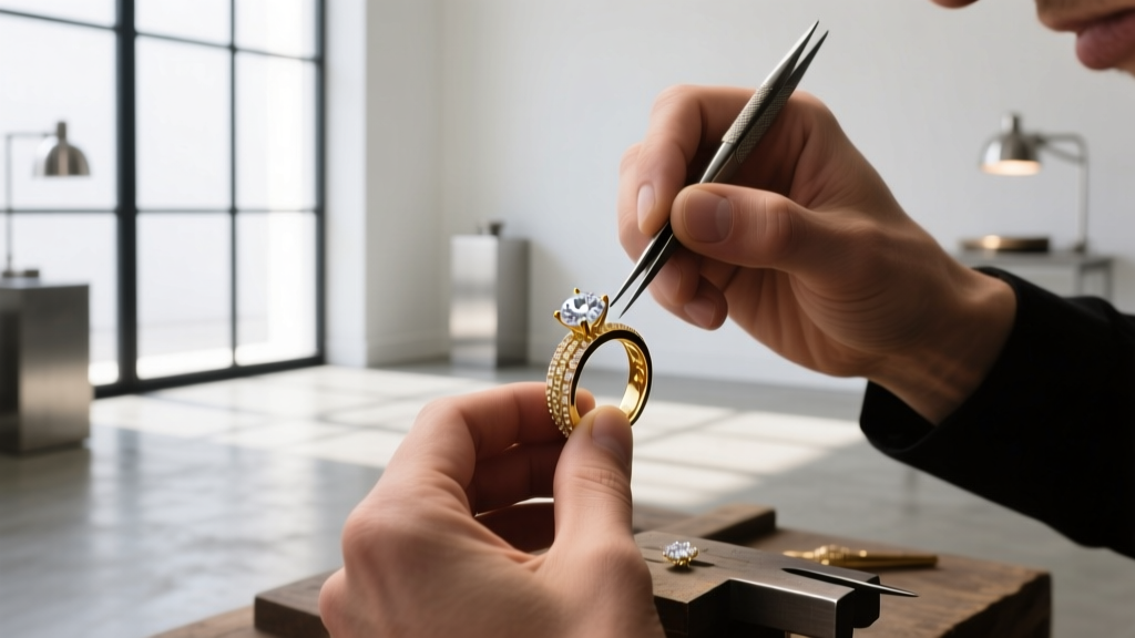 Jeweler's loupe examining a custom lobster clasp on a men's chain, revealing microscopic serial stamping on the brass hardware.