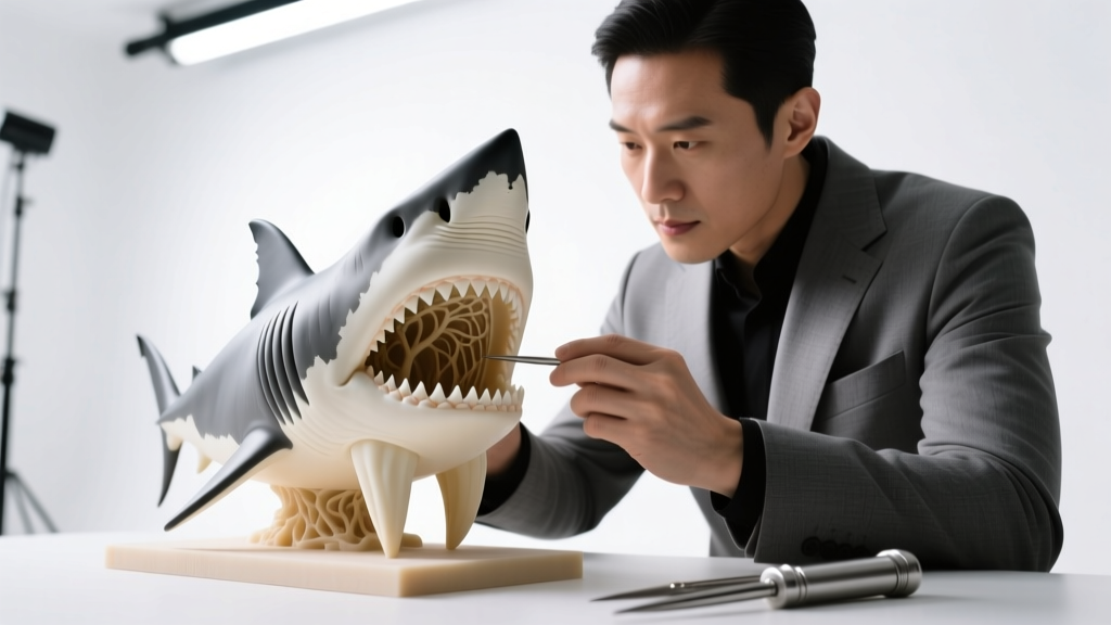 Jeweler inspecting a detailed wax model of a shark tooth under bright studio light before the lost-wax casting process.