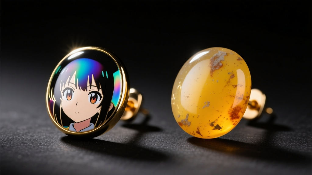 Side-by-side comparison of vitreous enamel and yellowed epoxy resin on anime replica earrings, illuminated by directional studio light