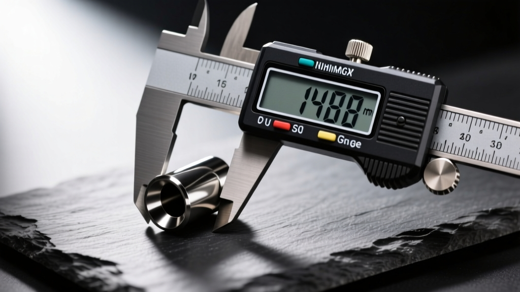Digital caliper measuring a 14-gauge black tungsten carbide ear tunnel plug, resting on dark slate with soft directional shadows