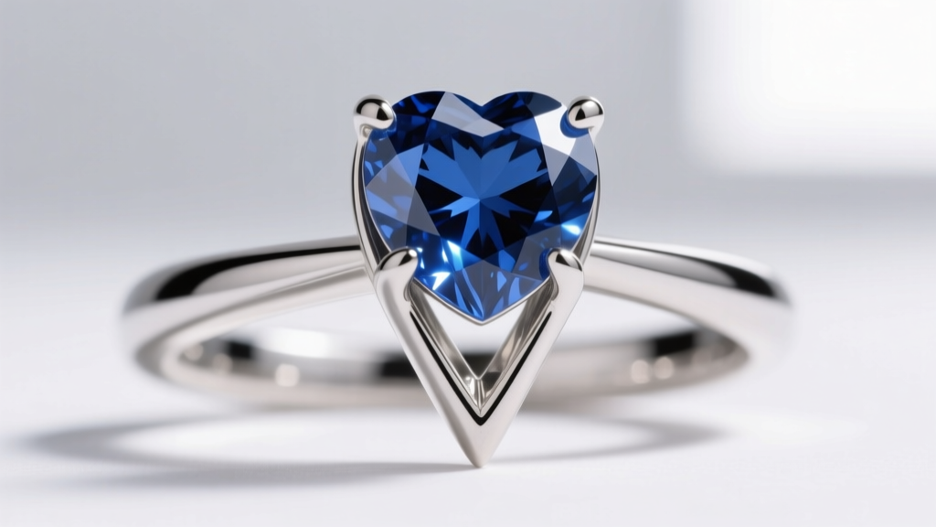 Close-up of a custom V-prong platinum setting securing the delicate top cleft of a heart-shaped blue gemstone