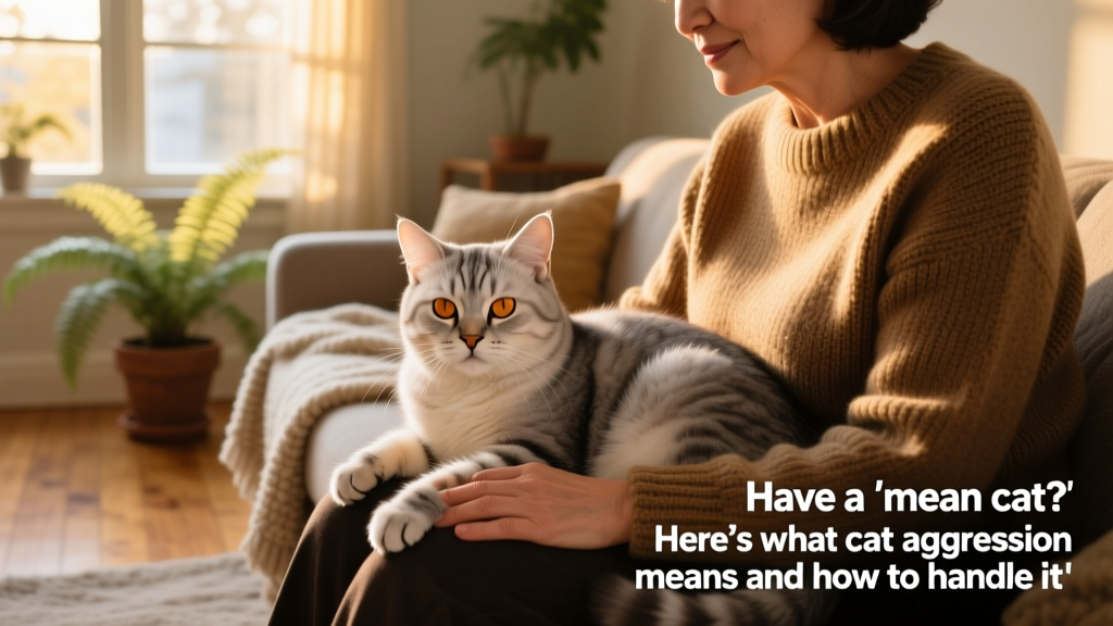 Senior cat gently resting beside a caregiver, illustrating calm companionship and trust