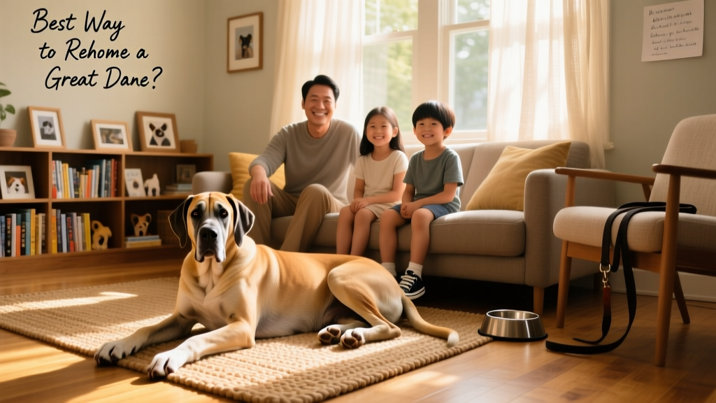 A calm, gentle Great Dane resting beside a family in a sunlit living room