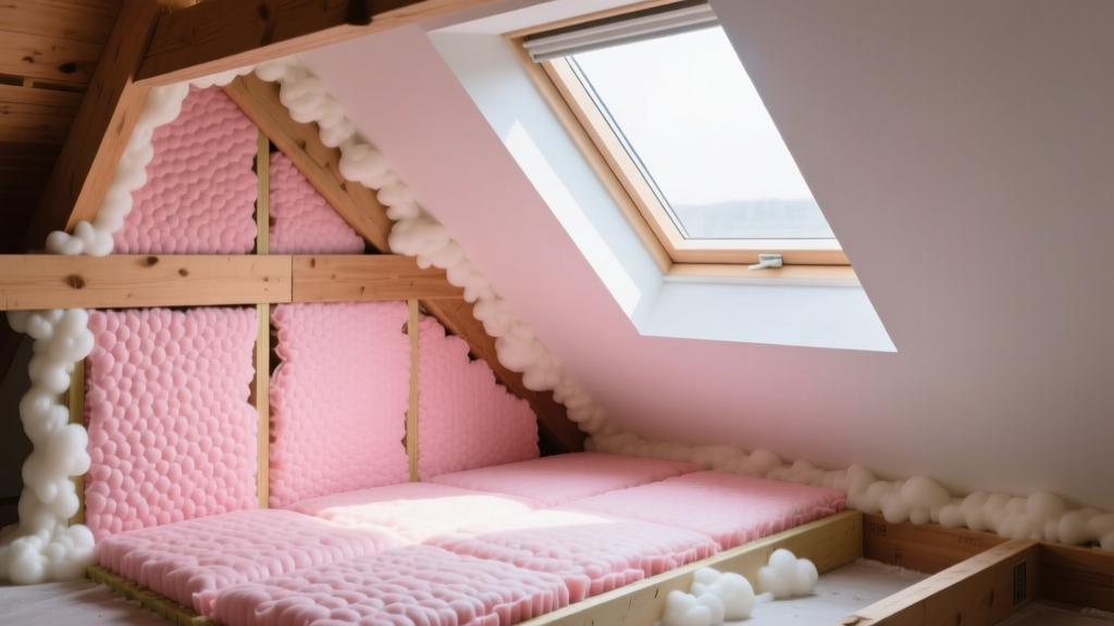 Attic cross-section of pink fiberglass batts in wood joists beside expanding white closed-cell spray foam insulation.