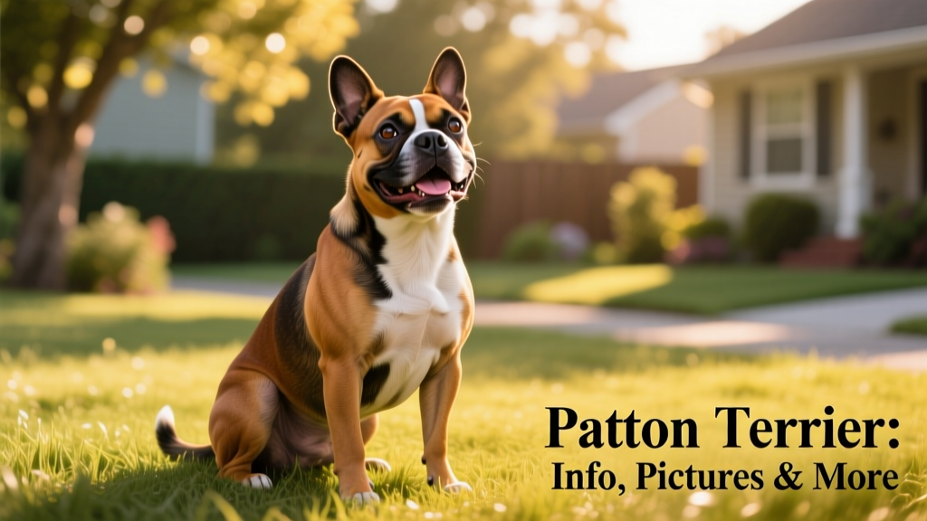 A happy, alert Patton Terrier sitting on grass, showing its muscular build and expressive face