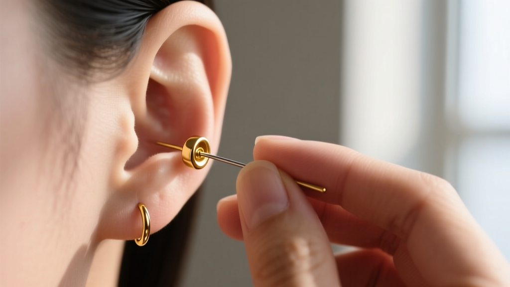 Hands inserting a 20-gauge threadless gold mini earring into a helix piercing, demonstrating the proper pin-bending technique