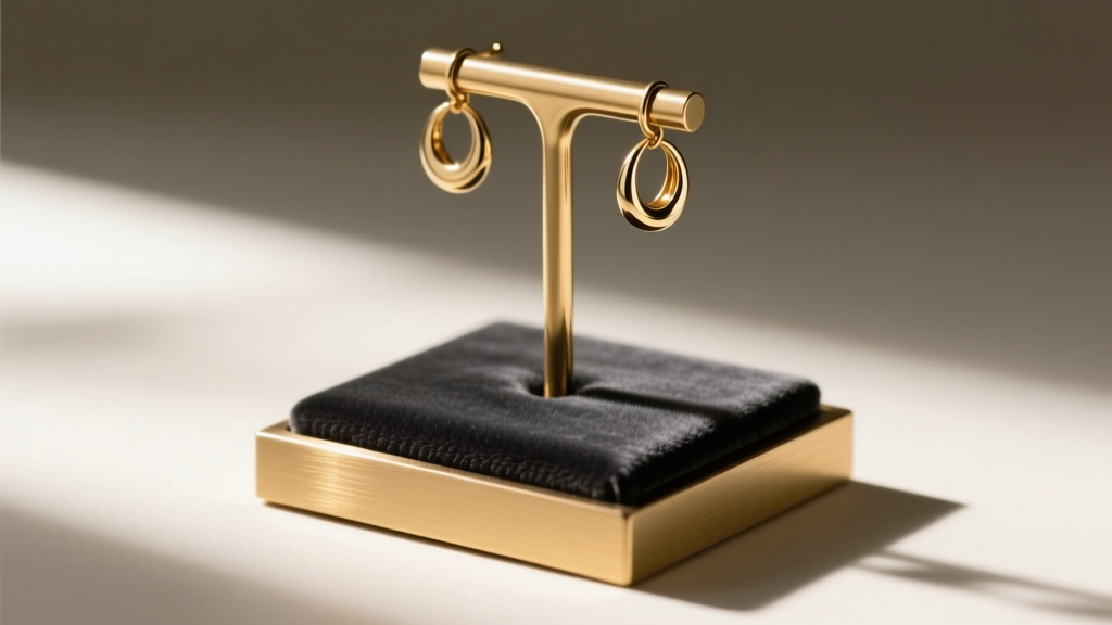 Macro shot of a brushed brass earring stand display base lined with anti-tarnish charcoal velvet highlighting clean seams.