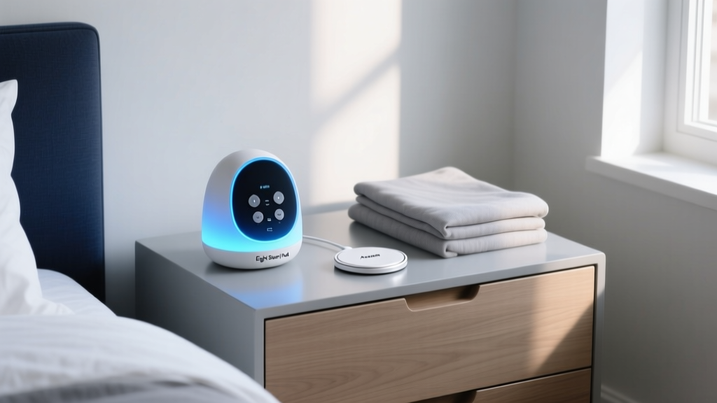 A modern bedroom nightstand featuring the Eight Sleep Pod 4 controller glowing softly next to a folded Anker MagGo 3-in-1 charging pad.