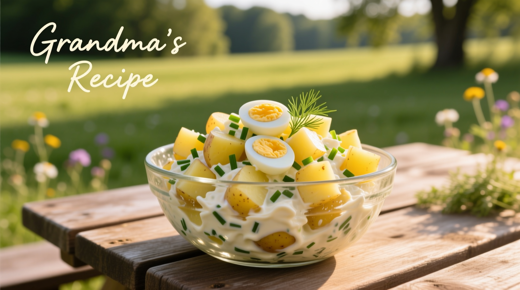 Creamy homemade potato salad in a glass bowl