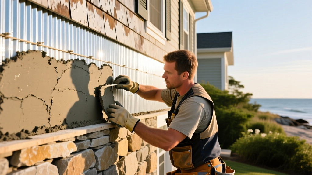 Mason applying Type S mortar to galvanized lath while installing manufactured stone veneer on a coastal Long Island home exterior.