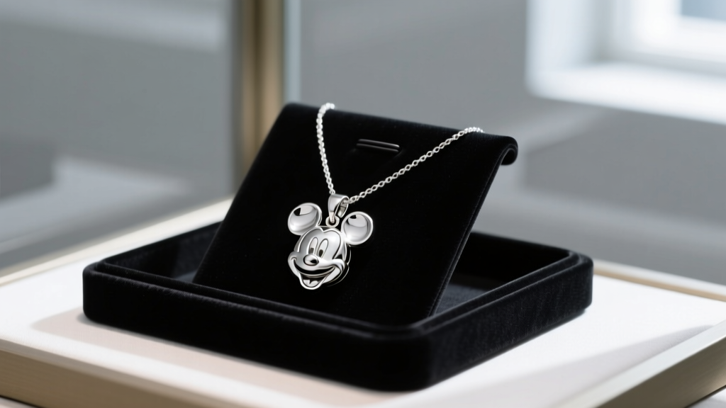 Sterling silver Mickey Mouse pendant necklace resting on a jeweler's workbench beside a magnifying loupe and tweezers.