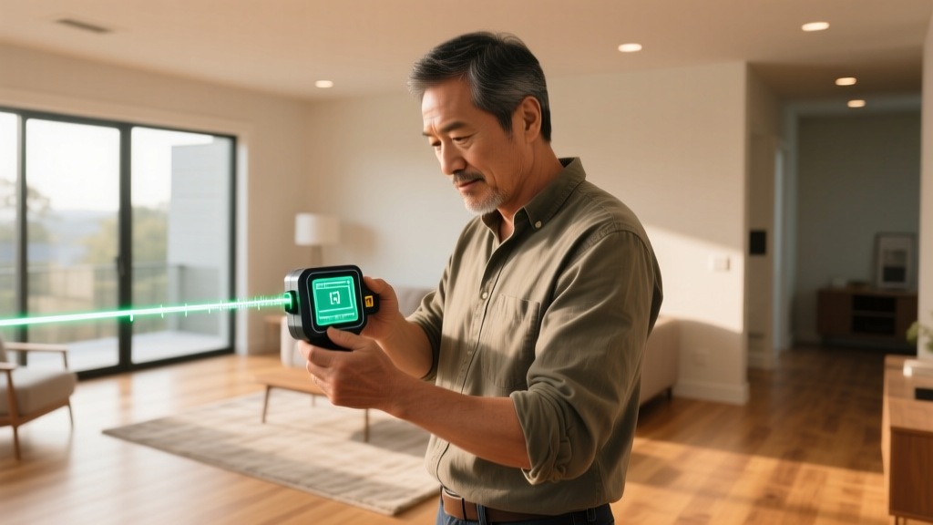 Close-up of a dad using a digital laser measure to calculate the square footage of a living room for a weekend flooring project.