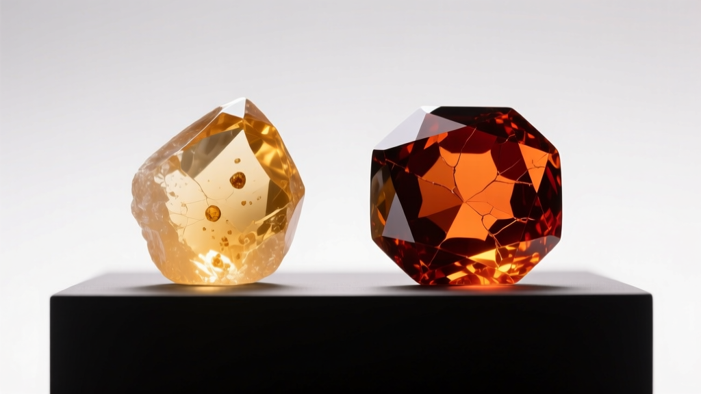 Gemological comparison of pale natural raw citrine and dark reddish-orange heat-treated baked amethyst under a daylight lamp.