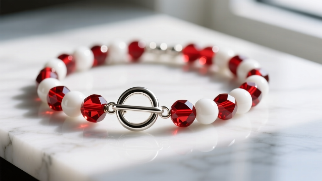 Macro shot of a sterling silver toggle clasp securing an 8mm glass and crystal red and white beaded necklace on a marble surface.
