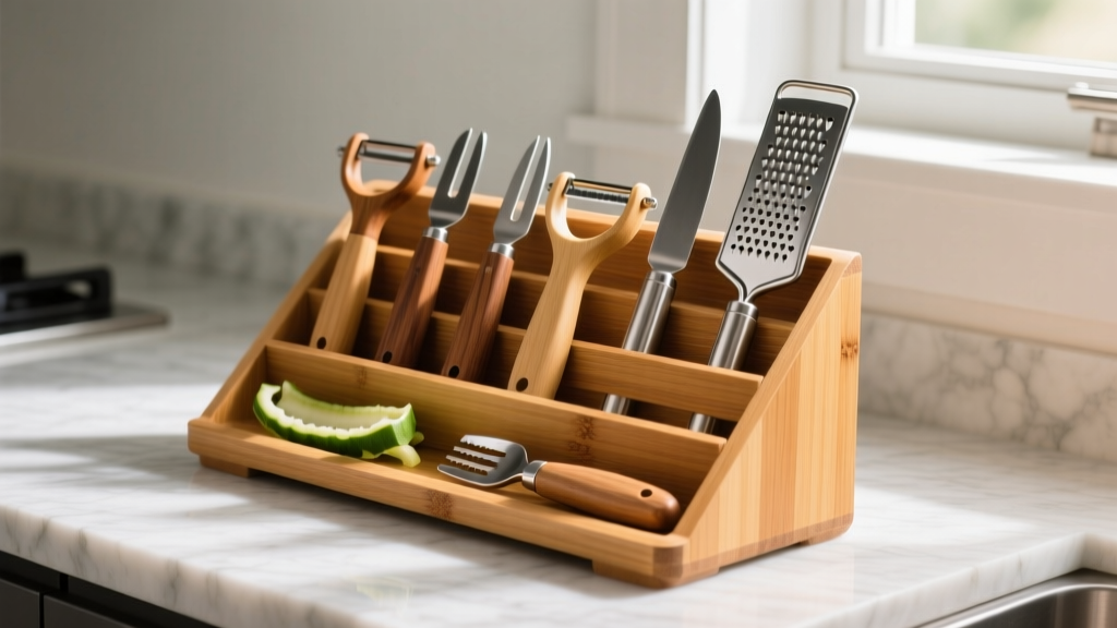 Slanted acacia bamboo kitchen gadget caddy on quartz countertop showing tiered compartments holding vegetable peelers and microplanes