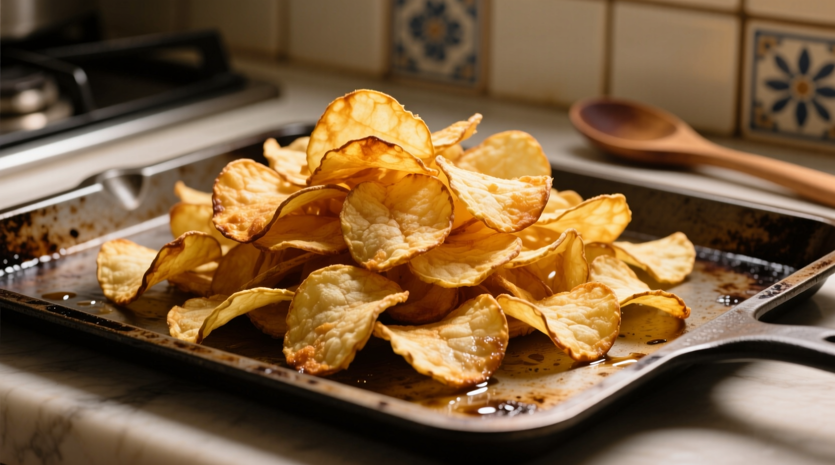 Golden oven fried potato chips on baking sheet