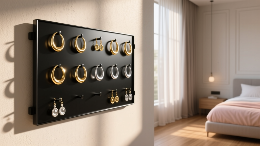Matte black steel wall mounted earring organizer displaying gold and silver hoops in a softly sunlit modern bedroom setting.