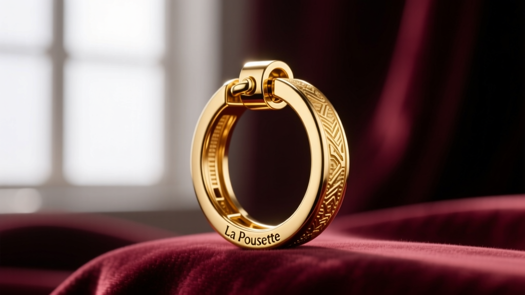 Macro photo of a La Pousette back on a 14k gold post hoop, showing the locking mechanism against a blurred velvet backdrop