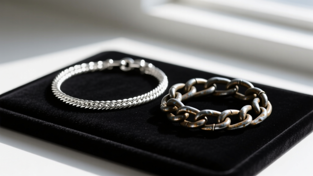 Macro shot comparing a 2mm silver rope chain next to a 6mm oxidized steel curb chain on a dark velvet jewelry display pad