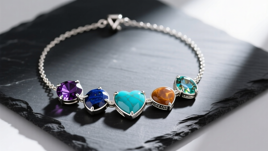 Flat lay of a sterling silver 7 chakra necklace on dark slate, featuring amethyst, lapis, turquoise, and jasper stones.