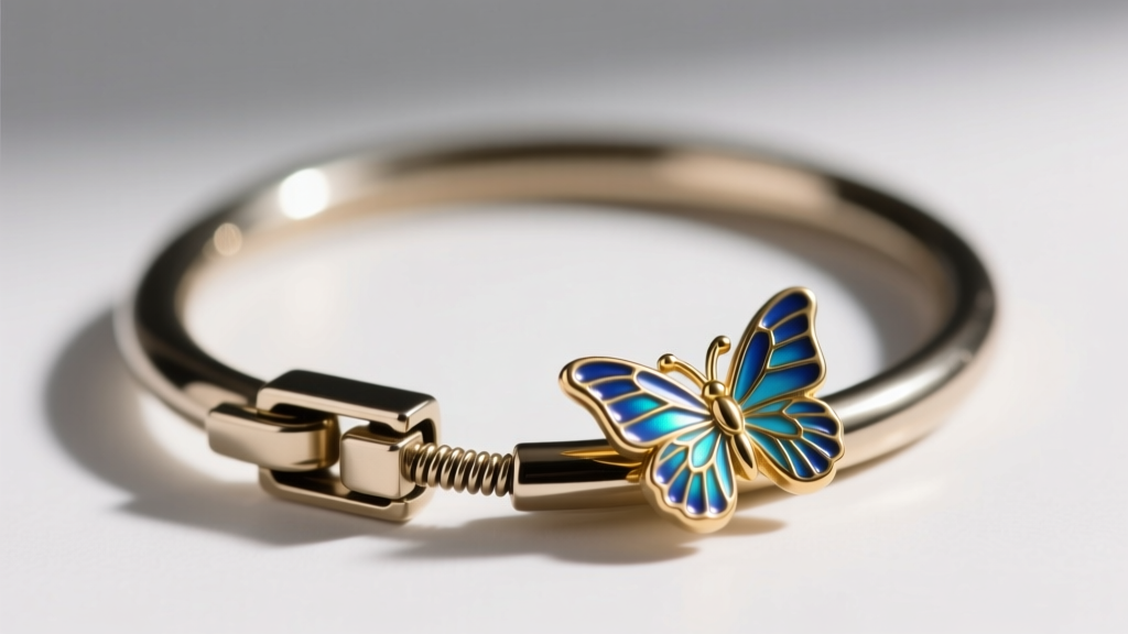 Close-up of a 20-gauge hinged clicker hoop with an enamel butterfly charm, showing the secure clasp mechanism in soft light