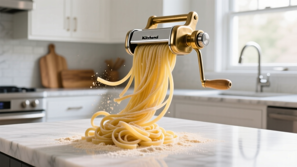 Close-up of fresh extruded bucatini pasta falling from a KitchenAid brass die onto a semolina-dusted marble countertop in a bright kitchen