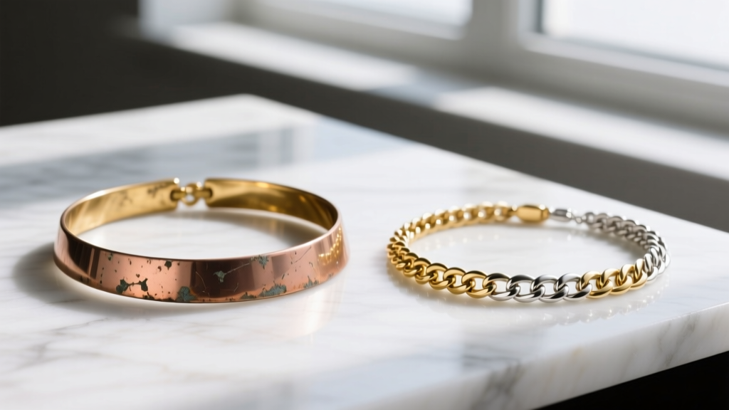 Side-by-side view of a tarnished gold plated copper necklace and a pristine gold vermeil sterling silver chain on white marble