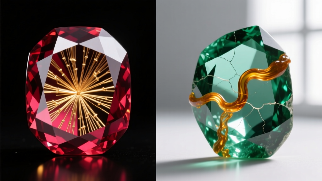 Gemological microscope split-screen showing rutile silk inclusions in a heated ruby and cedar oil fracture filling in an emerald.