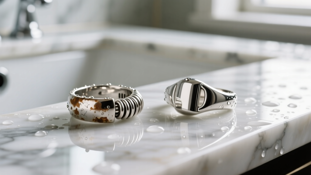Tarnished sterling silver spring ring clasp next to a pristine titanium lobster clasp, resting on a wet marble bathroom counter