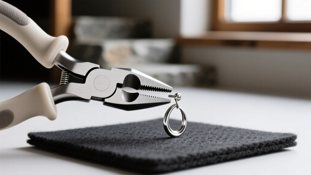 Nylon jaw pliers carefully straightening a bent 20-gauge sterling silver earring post resting on a felt jeweler's bench block
