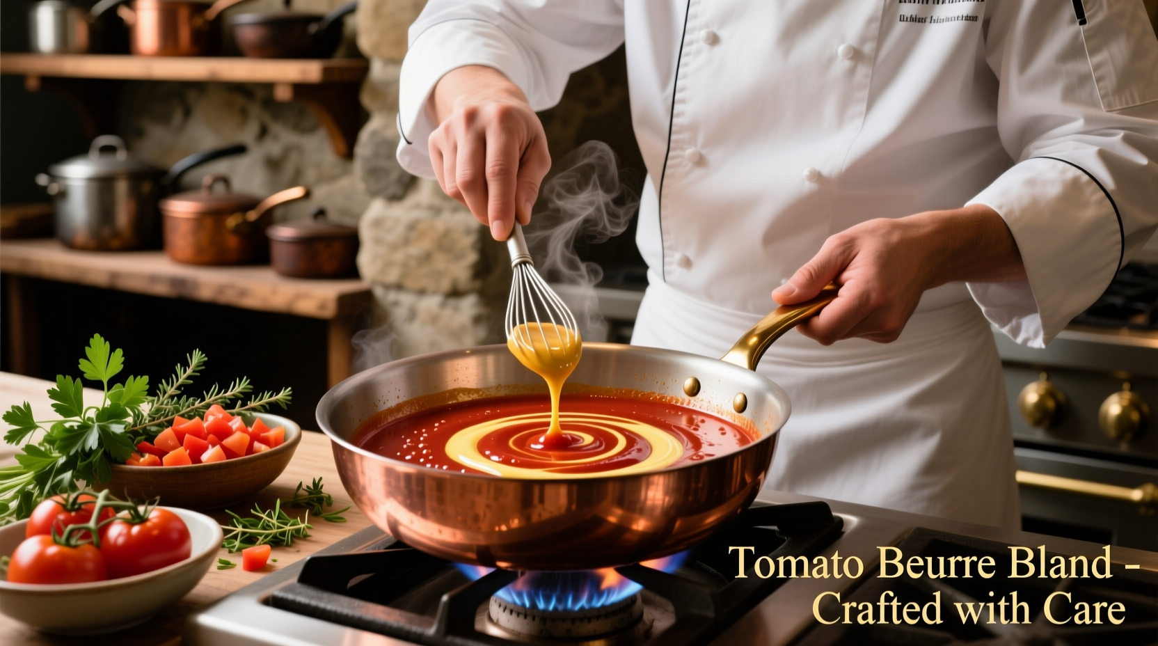 Chef preparing tomato beurre blanc sauce in copper pan