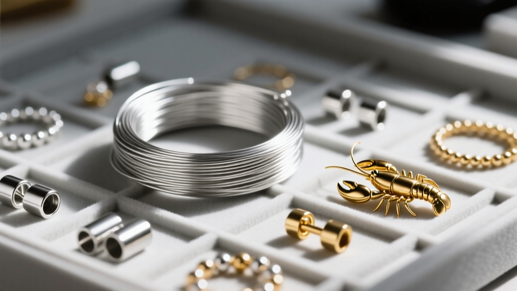 Workbench close-up of 49-strand beading wire, 2mm sterling silver crimp tubes, and a 14k gold-filled lobster clasp in sharp focus
