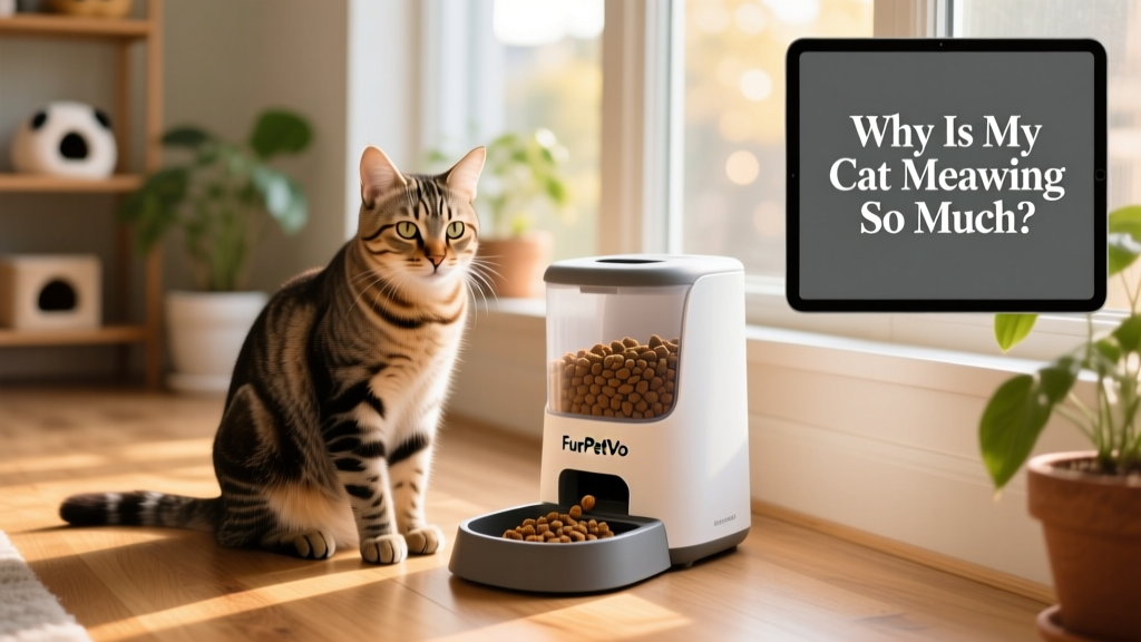 Cat sitting calmly beside a FurPetVo-branded automatic feeder with food visible