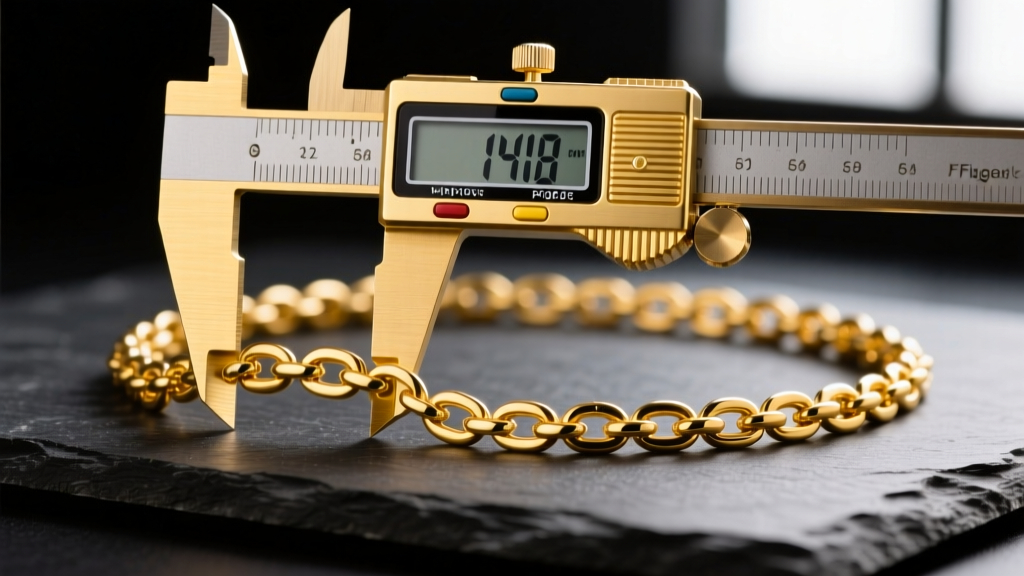 Close-up of digital calipers measuring the width of a 14k yellow gold Figaro necklace chain on a dark slate surface, sharp focus