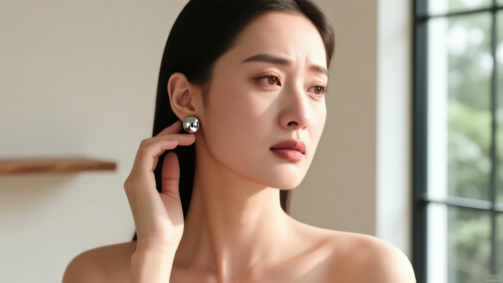 Woman gently touching her earlobe with a slight wince, wearing a titanium stud earring, illuminated by soft natural window light.