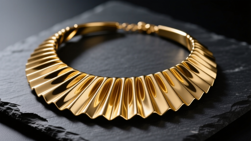 Close-up of a gold-plated brass pleated necklace on dark slate, highlighting the sharp, fabric-like folds and metallic luster.