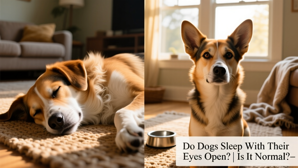 Side-by-side comparison: a dog sleeping peacefully with eyes slightly open vs. same dog awake and alert