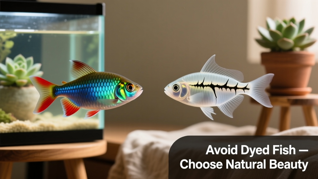 Side-by-side comparison: healthy natural tetra vs. injected glassfish showing visible dye streaks