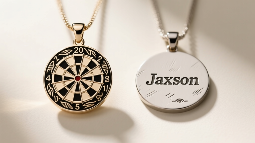 Side-by-side comparison of an authentic Jaxson dart pendant with deep laser engraving next to a shallow-stamped counterfeit replica