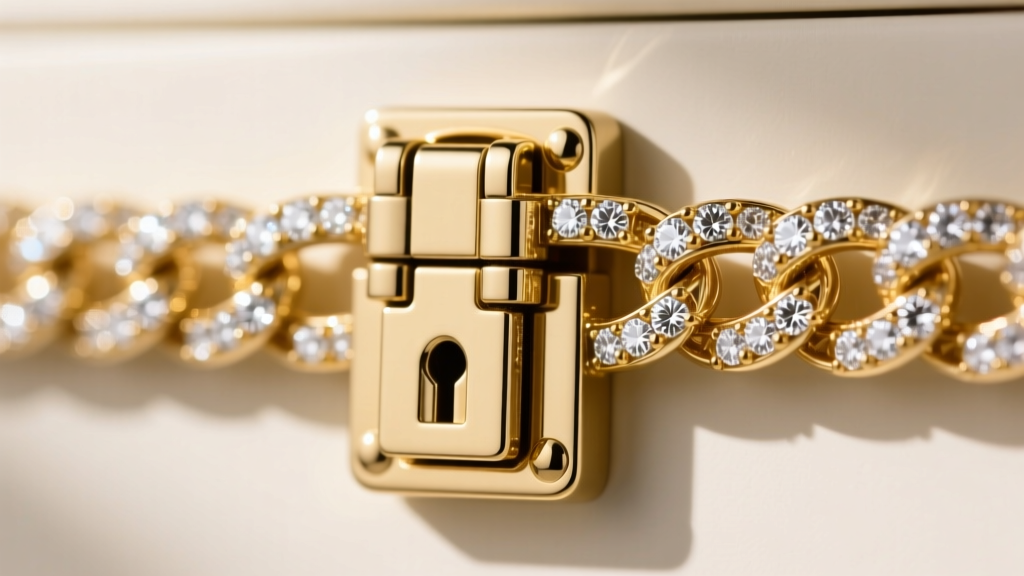 Macro shot of a secure double-safety box clasp on a thick diamond-encrusted gold chain showing the intricate prong settings.