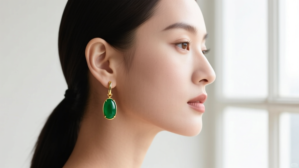 Side profile of a model wearing a 20-gauge 18k gold drop earring with jade, showing proper lobe clearance and an elegant drape