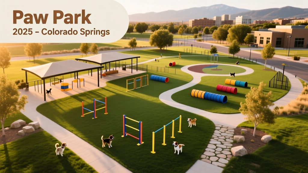 Aerial view of a spacious, fenced dog park with shaded areas, agility equipment, and separate zones for large and small dogs