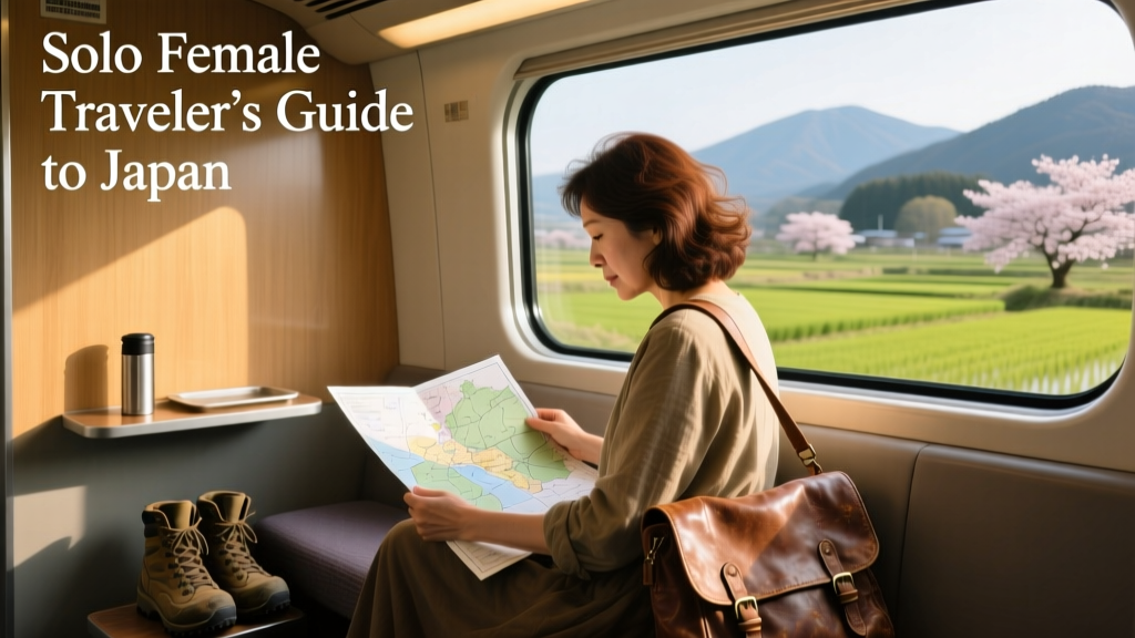 A solo female traveler looking at a map while seated on a Shinkansen bullet train